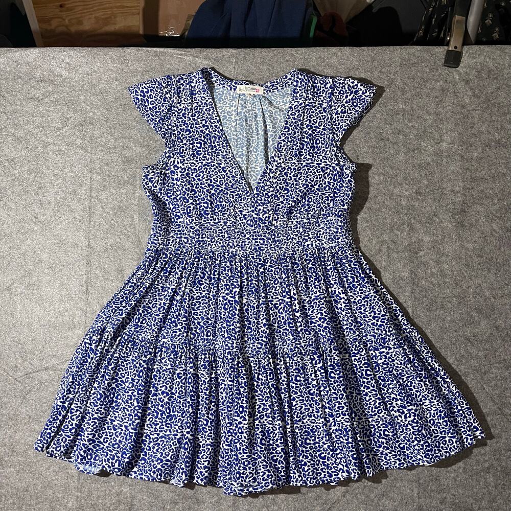 Lemlem Women's Flutter Sleeve Blue and White Animal Print Mini Dress Size Small